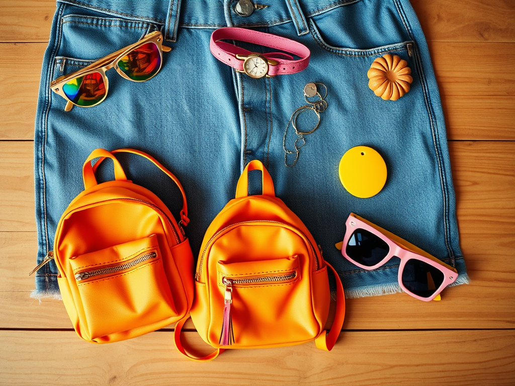 Deux sacs à dos orange, lunettes de soleil, montre et accessoires sur une jupe en jean. Fond en bois.