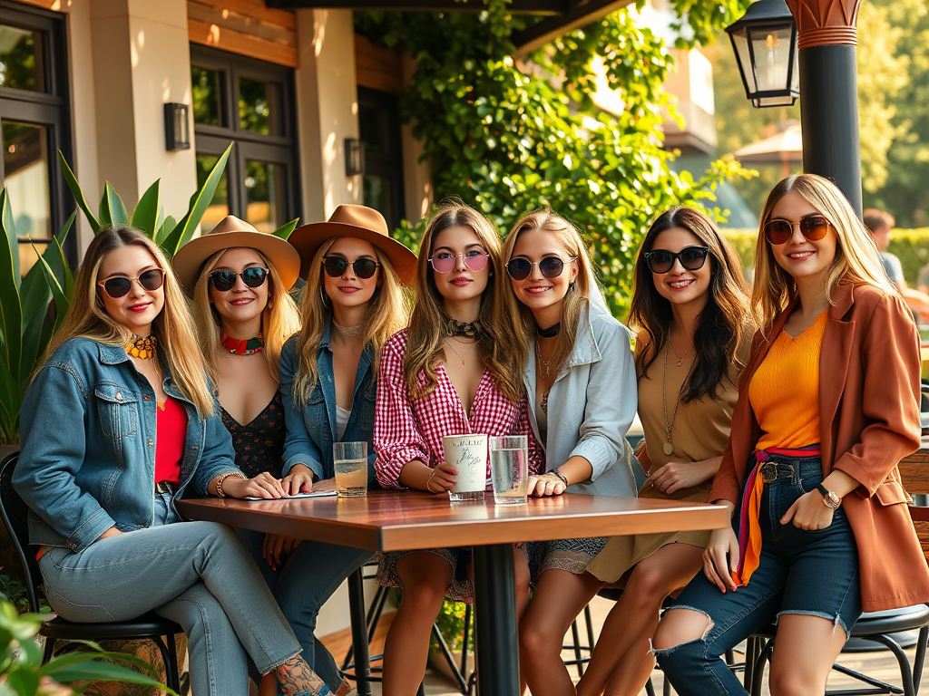 Un groupe de femmes souriantes, en tenue d’été, assises à une table dans un café en plein air.