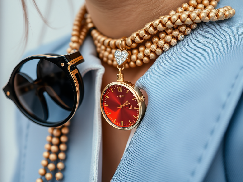 Un collier de perles dorées avec une montre rouge et des lunettes de soleil noires sur un vêtement bleu.