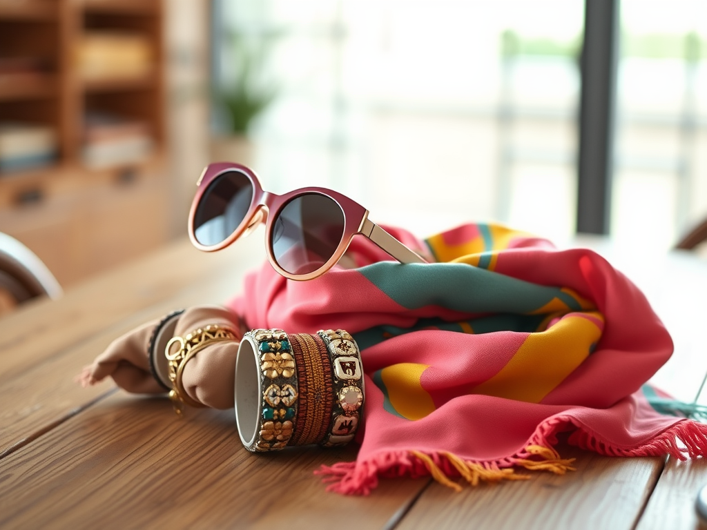 Une écharpe colorée, des lunettes de soleil et des bracelets élégants posés sur une table en bois.