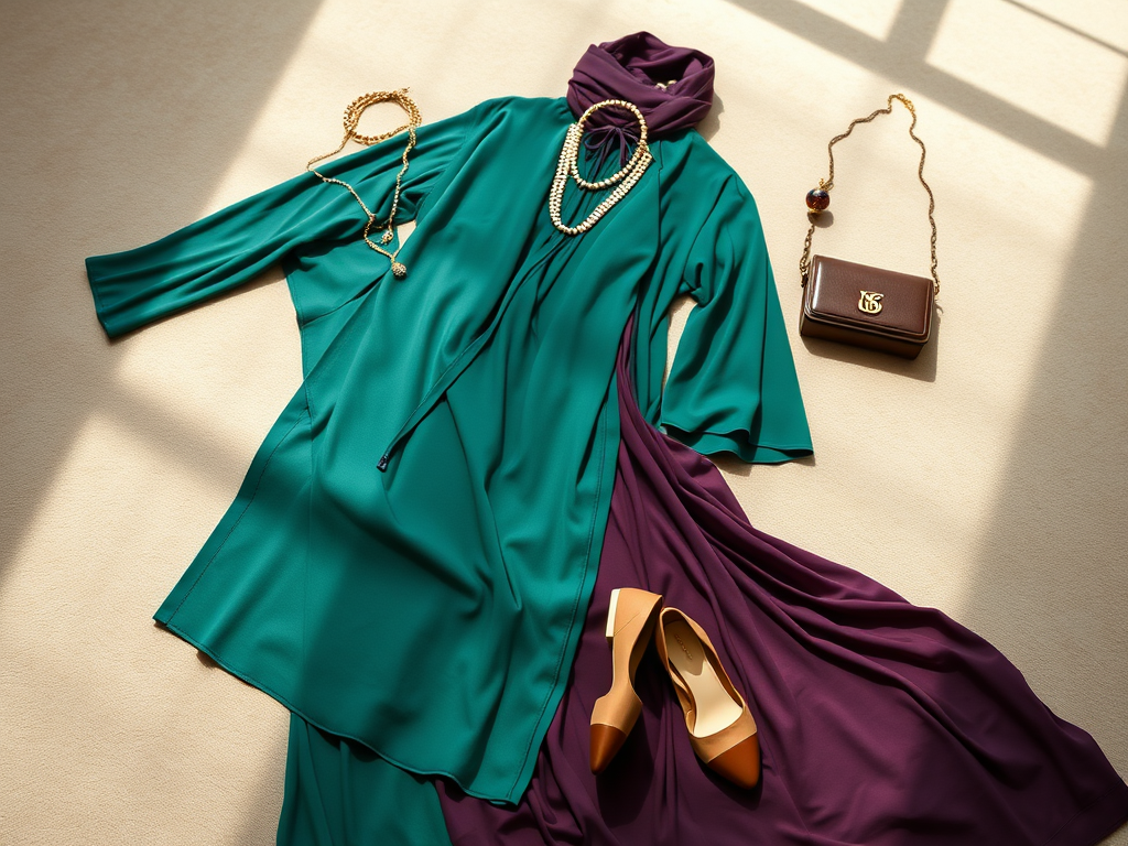 Une tenue élégante composée d'une robe verte, d'une écharpe violette, de chaussures beiges et d'un sac.