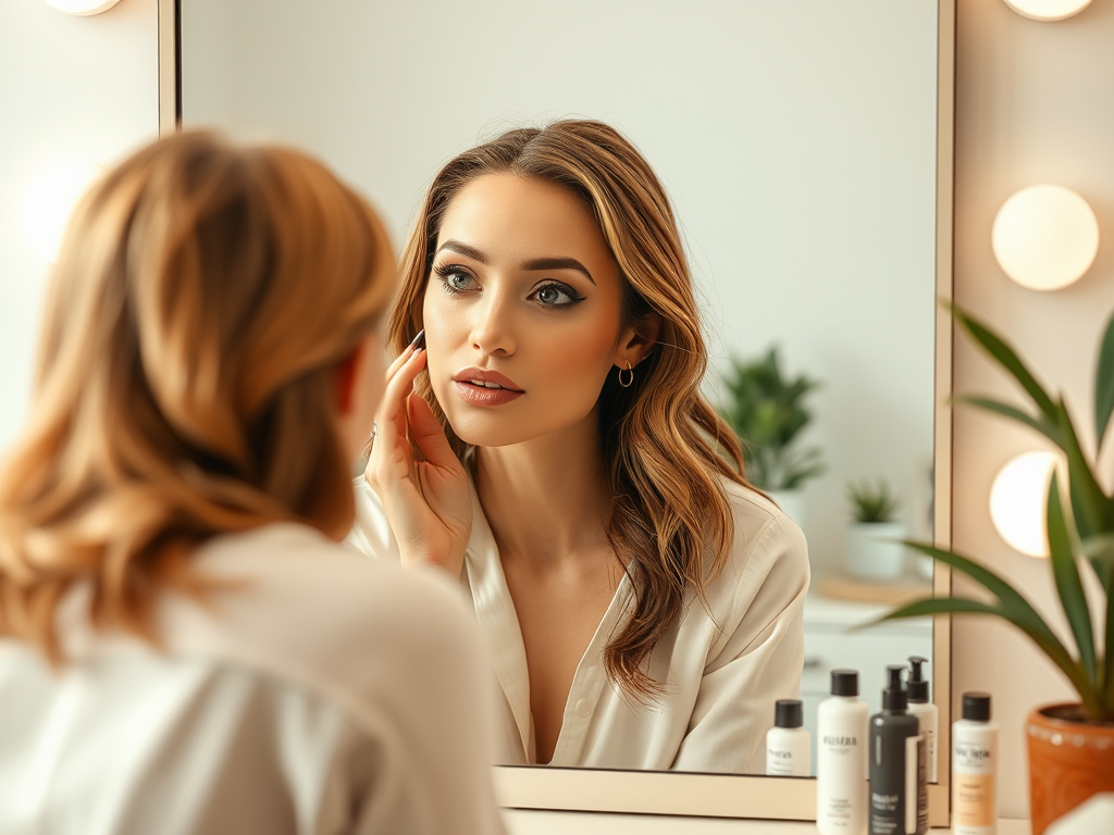 Une femme souriante se regarde dans un miroir en se touchant le visage, entourée de produits de beauté.