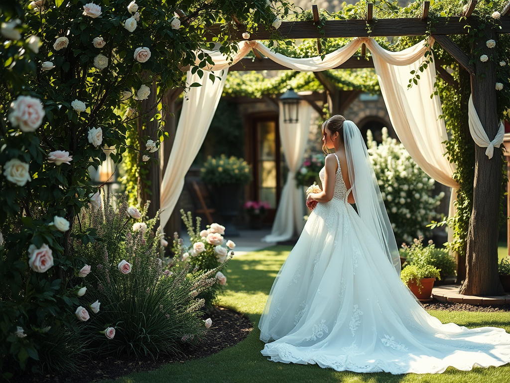 Une mariée en robe blanche se tient sous un treillis floral, entourée de roses et de verdure.