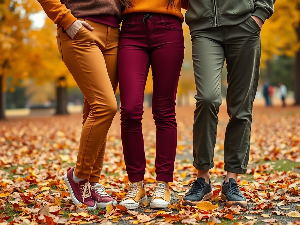 Trois personnes se tenant debout, portant des pantalons colorés, entourées de feuilles d'automne.