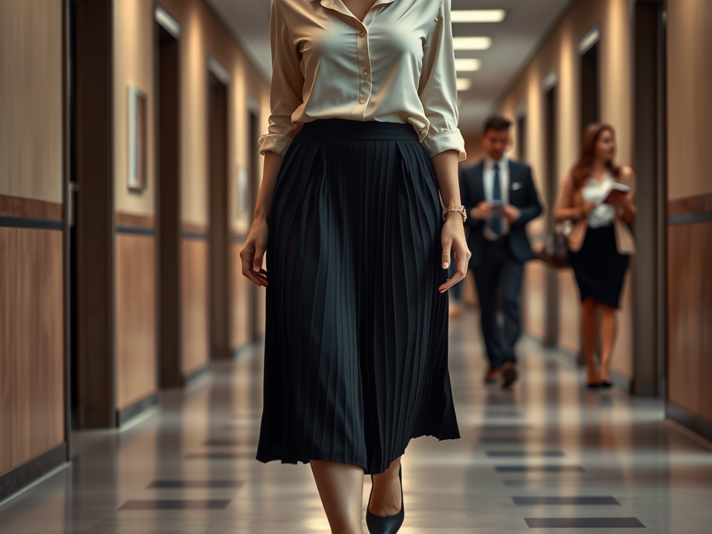 Une femme en jupe plissée marche dans un couloir d’entreprise, entourée de collègues en costume.