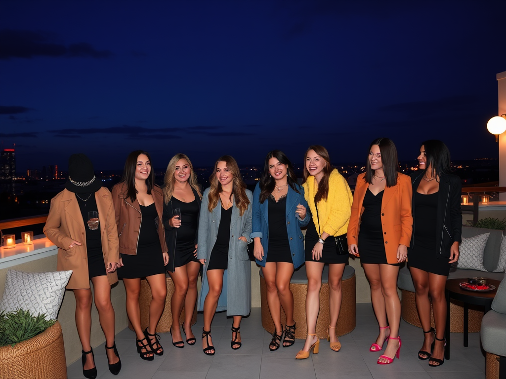 Un groupe de femmes souriantes en robes noires et manteaux colorés, sur une terrasse nocturne.