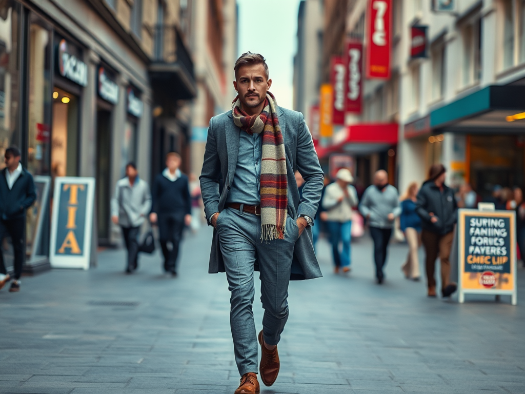 Un homme bien habillé marche dans une rue animée, entouré de passants et de boutiques.