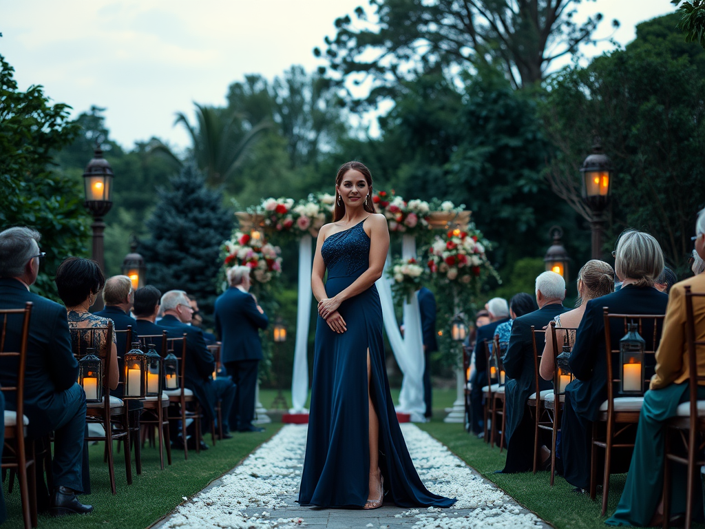 Une femme en robe bleue se tient devant un autel fleuri lors d'une cérémonie en plein air, entourée d'invités.