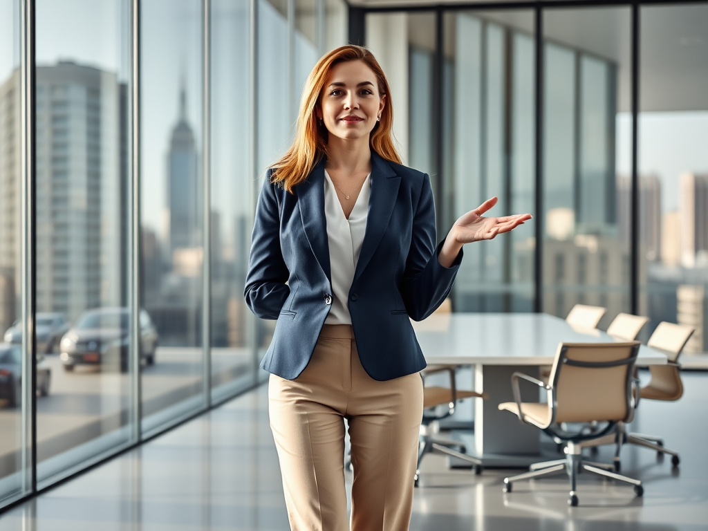 Une femme en costume d'affaires se tient dans un bureau moderne avec vue sur la ville, souriante et confiante.