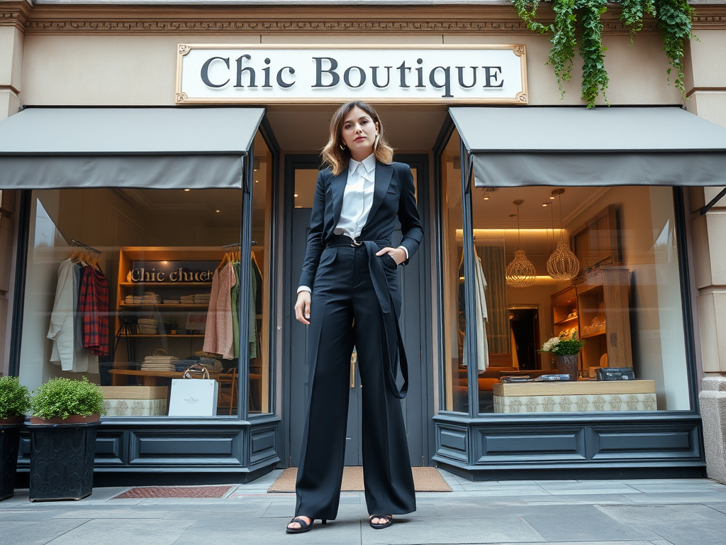 Une femme élégante porte un costume noir devant une boutique chic, avec des vêtements en arrière-plan.