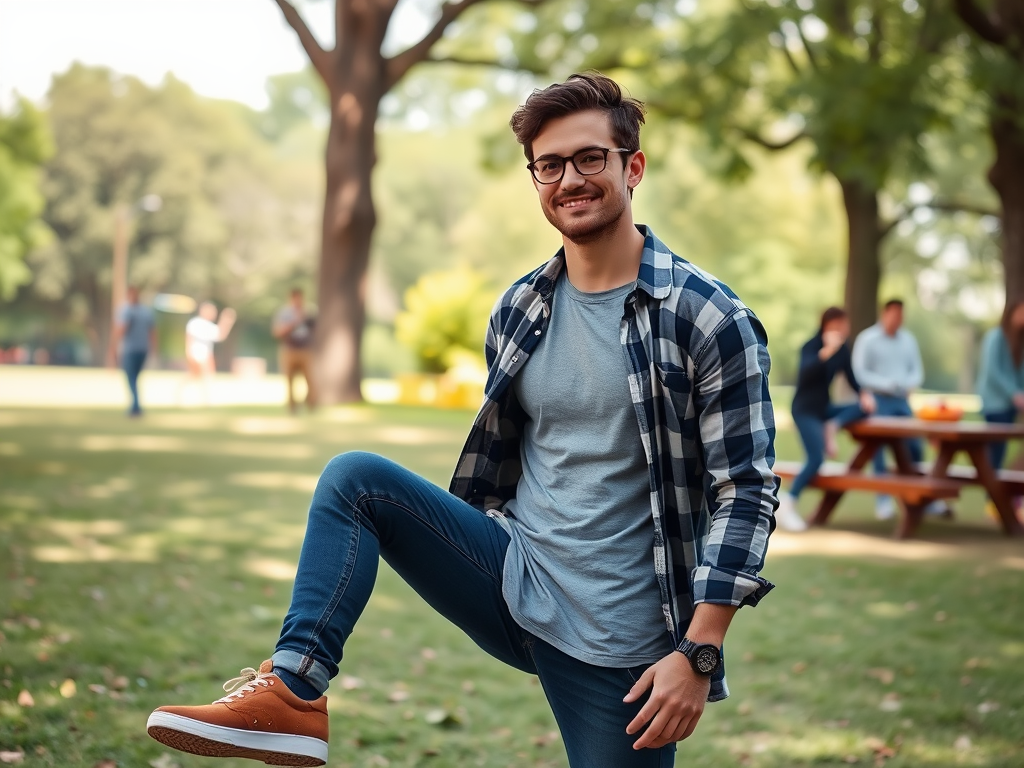 Un jeune homme souriant se tient dans un parc, portant une chemise à carreaux et levant une jambe.