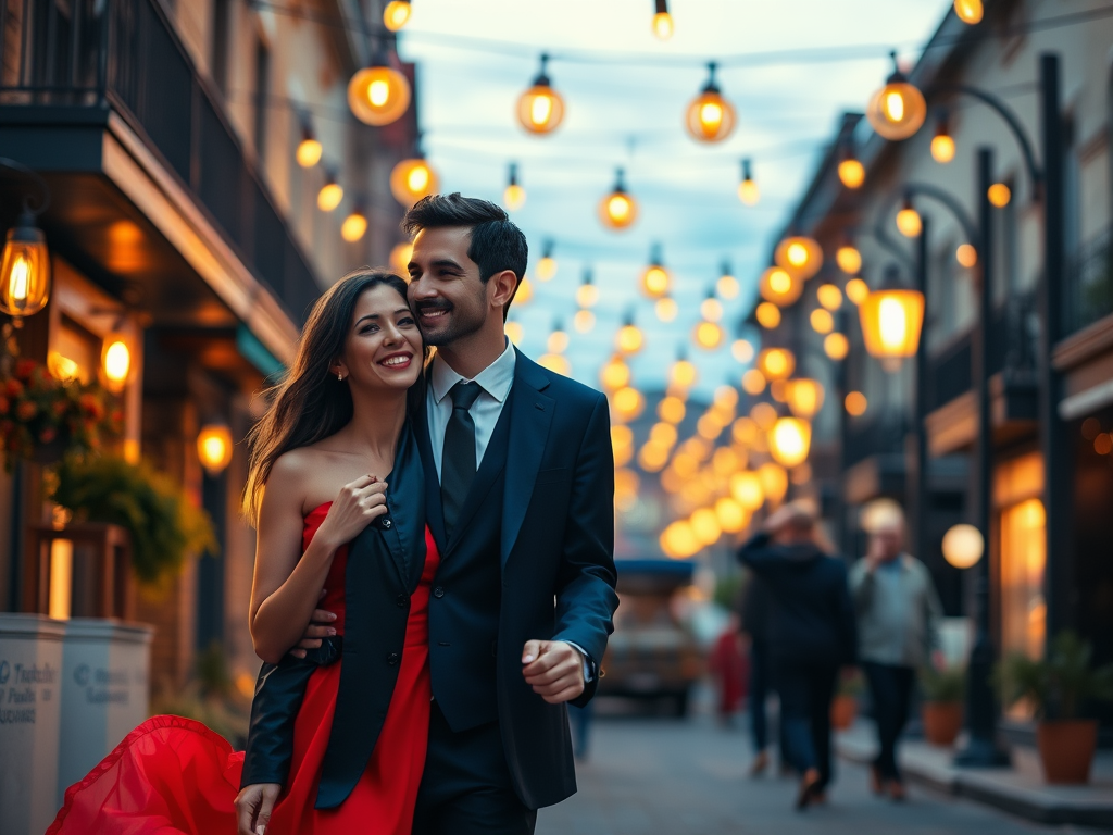 Un couple souriant se promène dans une rue animée, éclairée par des lampions, en soirée.