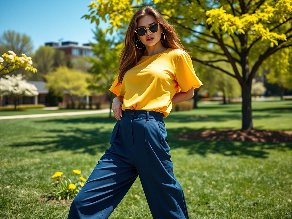 Une femme en haut jaune et pantalons bleus se tient dans un parc ensoleillé, entourée d'arbres et de fleurs.