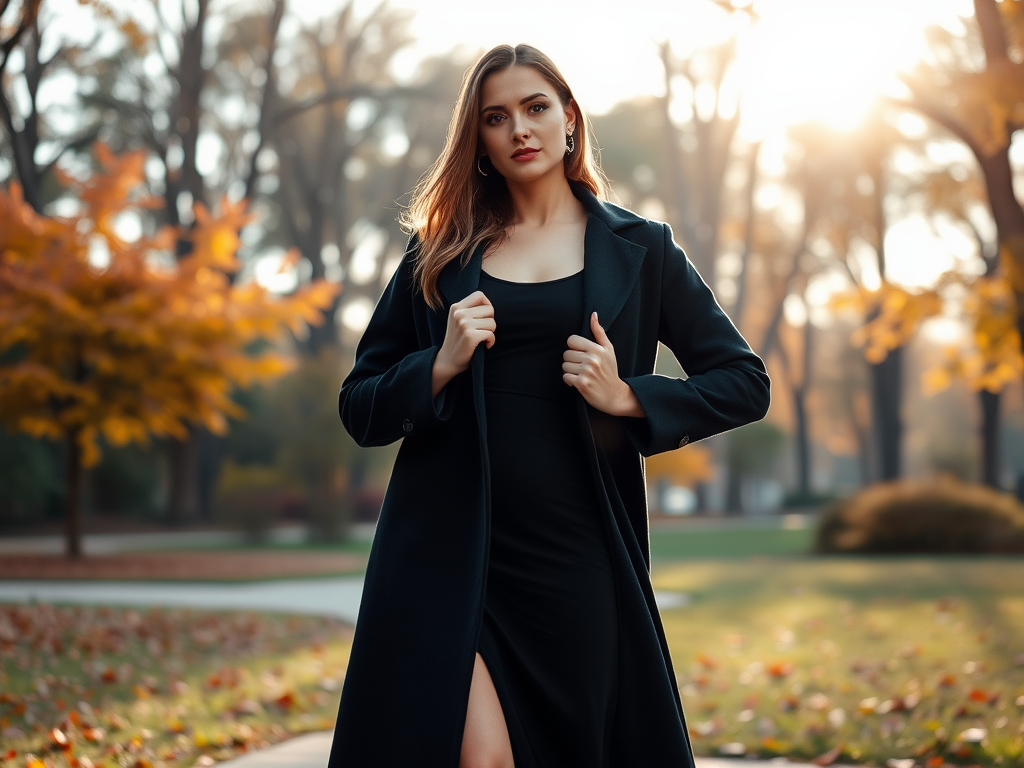 Une femme élégante en robe noire et manteau, se tenant dans un parc aux couleurs d'automne, sous la lumière douce.