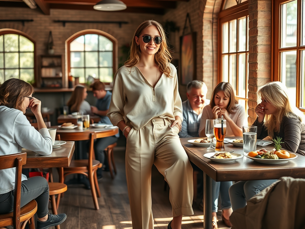 Une femme souriante en lunettes de soleil se tient debout dans un restaurant animé, entourée de convives.