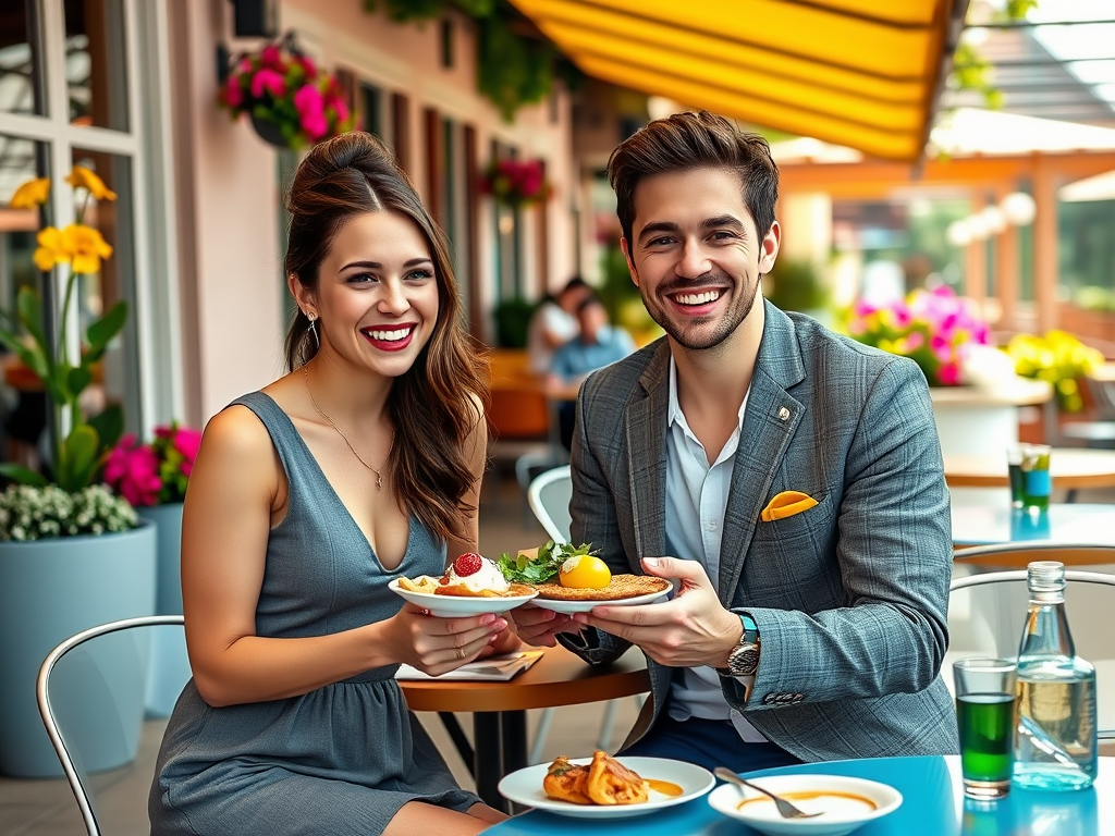 Un couple souriant tient des assiettes de desserts dans un café, entouré de fleurs colorées et d'une ambiance vive.