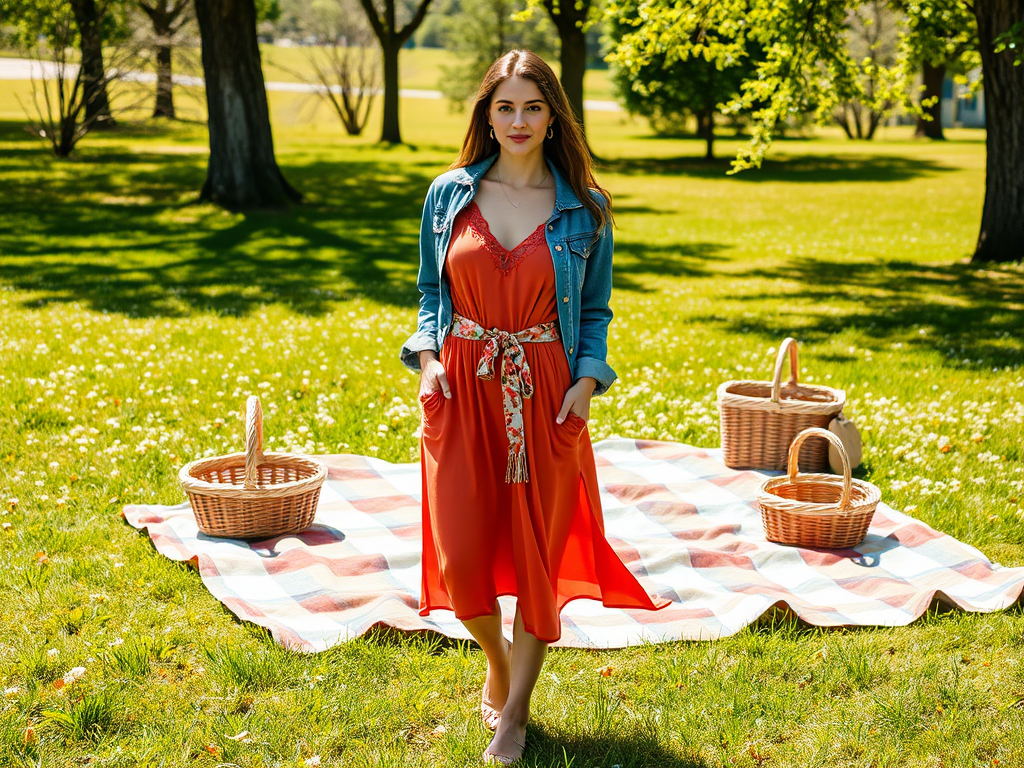 Une jeune femme en robe rouge et veste en jean pose sur une couverture à pique-nique dans un parc ensoleillé.