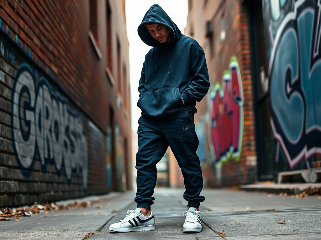 Un jeune homme en sweat à capuche et jogging noirs, debout dans une ruelle avec des graffitis colorés.