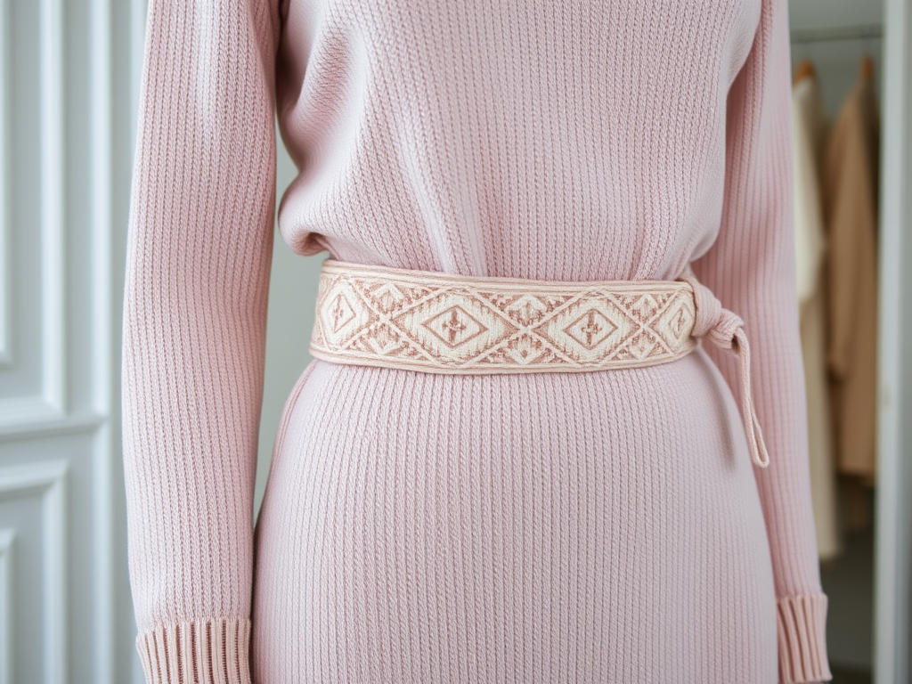 Un pull rose avec une ceinture brodée en beige, mettant en valeur un style doux et élégant.