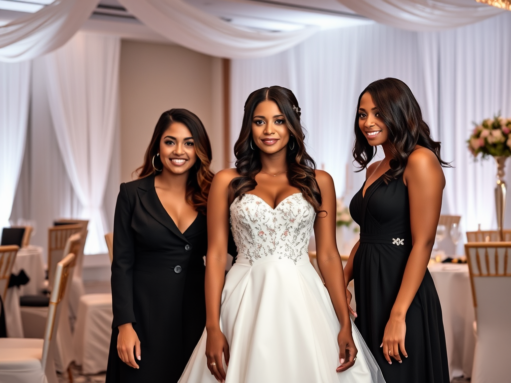 Trois femmes posent ensemble, souriantes, dans une salle décorée pour un événement, portant des robes élégantes.