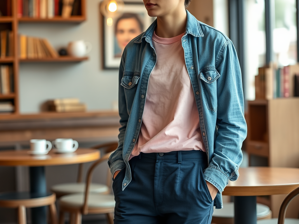 Un jeune homme porte une chemise en denim et un t-shirt rose, debout dans un café moderne.